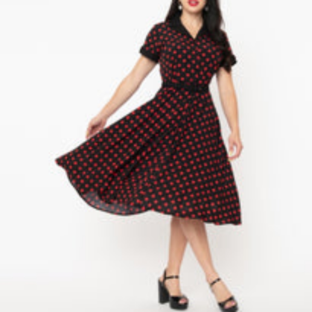 Unique Vintage Black & Red Polka Dot Alexis Shirtdress - L/10-12